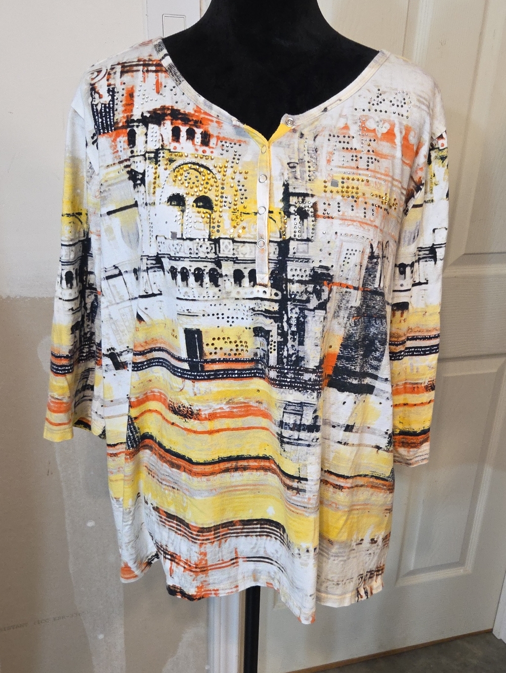 Onque Casuals Yellow Orange Printed Long Sleeve Henley Top Beaded Plus Size 2X
